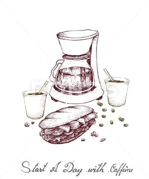 Start A Day with Caffeine, Illustration Hand Drawn Sketch of Coffee with Drip Stock Illustration