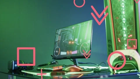 On start desktop gaming setup remaining still while pink shapes drifting over 库存影片 334884122