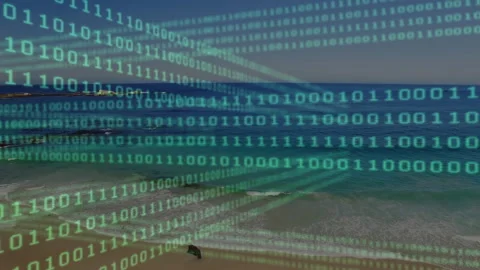 At start digital binary layer shifting down and right, revealing sandy shore Stock Footage 313677808