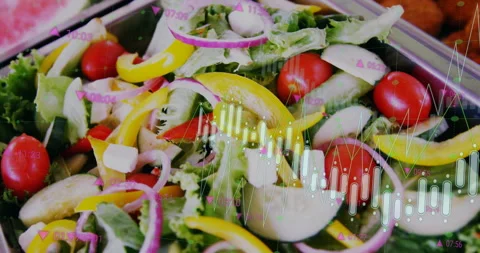 On start, digital chart overlays floating over salad tray pulsing and Stock Footage 311126060