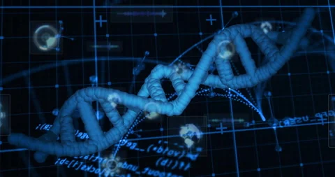 On start digital DNA helix rotating, data icons orbiting, code scrolling and Stock Footage 311216936