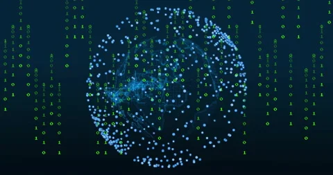 On start digital globe emerging rotating pulsing nodes binary streams drifting Stock Footage 311508571