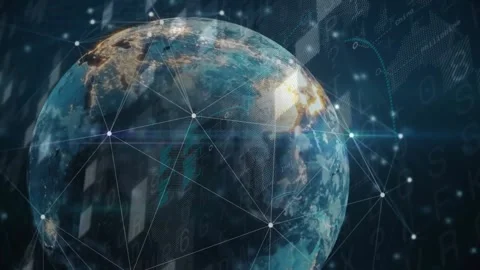 On start, digital globe rotating eastward, network nodes forming to visualize Stock Footage 327591946