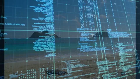 On start digital grid fading over shoreline with crosshairs, code shifting into Stock Footage 312904820