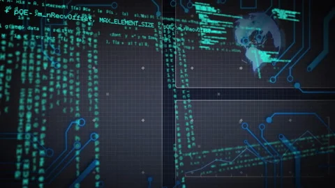 At start, digital interface streaming code, merging panels and tracing globe to Stock Footage 311141227
