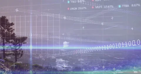 On start digits flowing over hillside cityscape beams crossing grid emerging Stock Footage 313327789