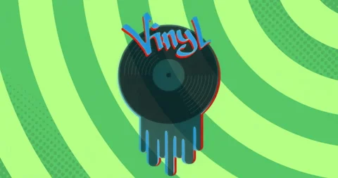 On start displaying vinyl record dripping paint, Vinyl text over expanding green Stock Footage 315521911