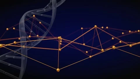 On start DNA helix and orange-gold node mesh shifting, forming peak, pulsing Stock Footage 328685071