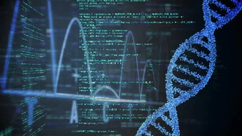 At start, DNA helix appearing right with code streams pulsing and letters Stock Footage 311916077