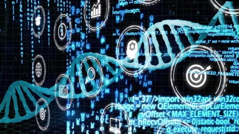 At start DNA helix rotating while info icons fading, sliding and code growing Stock Footage 309894168