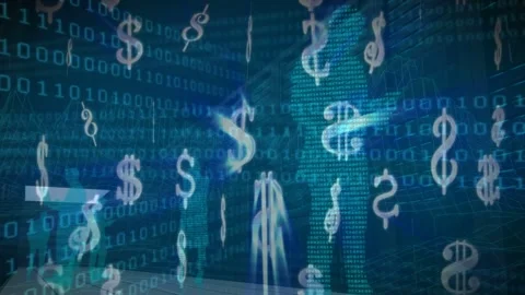 On start dollar symbols drifting and rotating over pixel silhouettes, showing Stock Footage 335651985