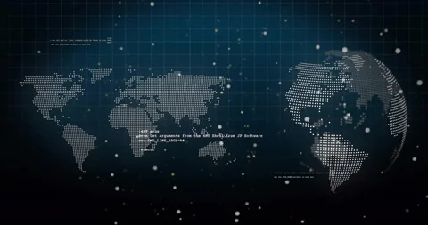 On start dotted globe rotating and flat map showing code while particles Stock Footage 331872236