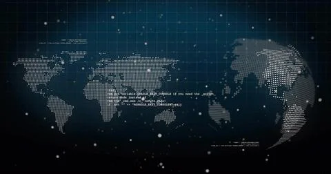 On start dotted globe rotating and flat map showing code while particles 스톡 일러스트