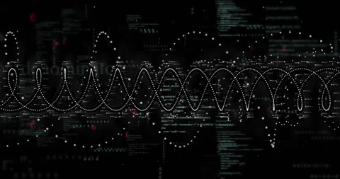At start dotted sine wave tracing oscillations, drifting amid pulsing code Stock Footage 310429476
