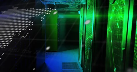 On start dotted world map fading in over server racks, code scrolling Stock Footage 311084472