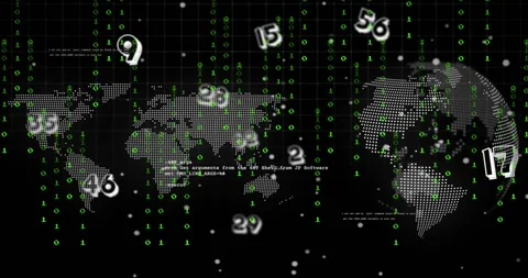 At start dotted world map, rotating globe showing floating numbers over binary Stock Footage 317369497