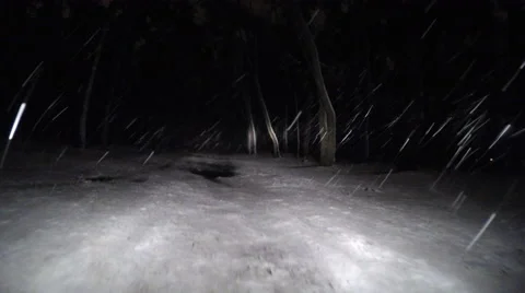 Start driving through the winter forest on snowy road at night Stock Footage 57825056