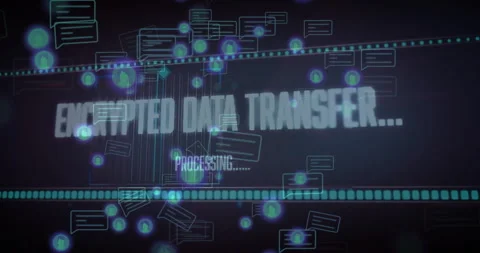 At start Encrypted Data Transfer fading in, bar filling, bubbles drifting Video stock 312638939