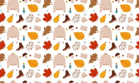 Start of fall. Cozy autumn pattern. Warm autumn season. Stock Illustration