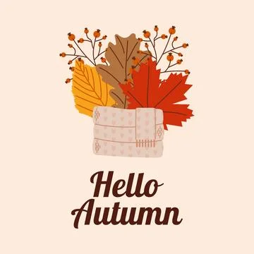 Start of fall. Cozy autumn postcard. Lettering Hello Autumn. Warm autumn season. Stock Illustration