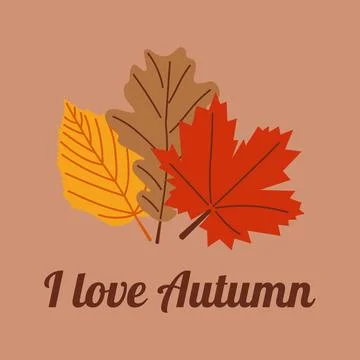 Start of fall. Cozy autumn postcard. Lettering I Love Autumn. Warm autumn season Stock Illustration