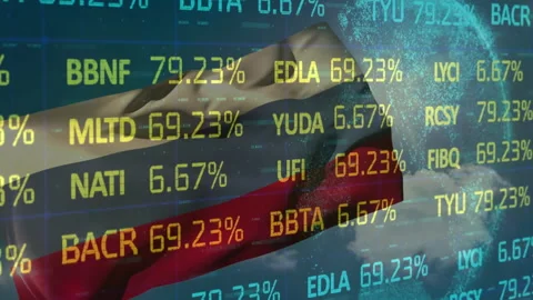 On start flag waving and globe rotating while ticker codes shifting to show Stock Footage 310994685