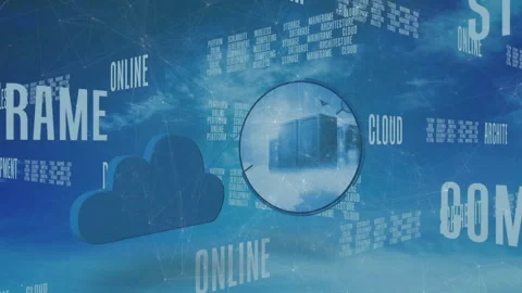 At start flat cloud icon and text rotating then lens magnifying server rack Video stock 313677349