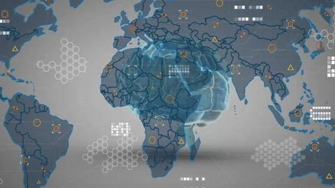 At start floating blue brain shifting rotating data icons pulsing across map Stock Footage 313094559