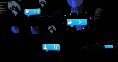 At start floating social icons appearing and updating counts visualizing live Stock Footage 317465814