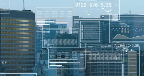 On start frame materializing over city skyline data panels sliding and fading Stock Footage 311522604