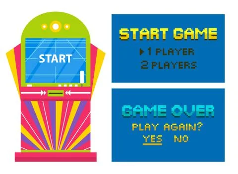 Start Game and End of Playing Pixel Video Vector Stock Illustration