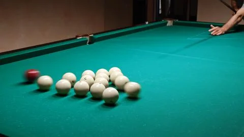Start of the game, first move. Russian billiards on a green pool table. A p.. Stock Photos