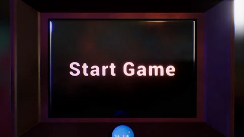 Start Game text letters on 90s arcade machine screen. Camera extreme zoom. 3D. 库存影片 143866608