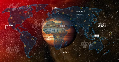 On start gas giant planet getting map wrapping icons appearing grid expanding Stock Footage 310140419