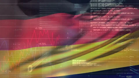 On start German flag waving while scrolling code and animating line and bar Stock Footage 311140895