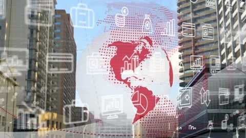 On start globe rotating and fading while finance icons floating over street, Vidéo 331126148