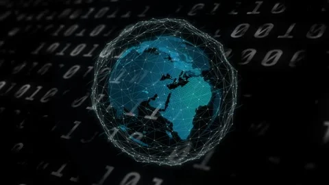 On start globe rotating clockwise as mesh pulsing, nodes flashing, bits drifting Stock Footage 334729091