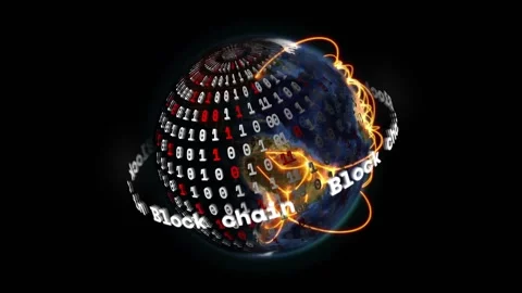 At start globe rotating, digits scrolling, Block chain orbiting, orange arcs Vídeo Stock 329611286