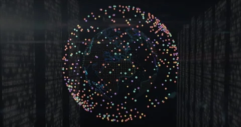 On start globe rotating through Americas Asia Europe while data nodes orbiting Stock Footage 312240604