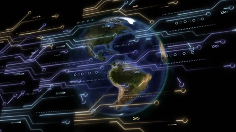 On start globe rotating westward with neon-blue gold circuits streaming and 스톡 동영상 310140297