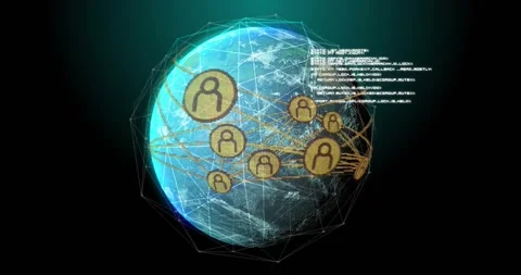 On start globe rotating while gold nodes activating and linking, mesh+code Stock Footage 329471706