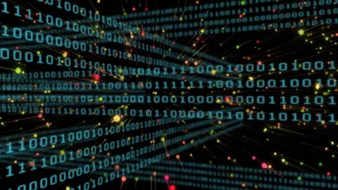 At start, glowing 3D binary grid pulsing nodes scrolling code visualizing data Stock Footage 312348387