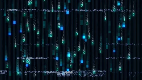 On start glowing binary code cascading, glitch bars shifting and teal pixels Видео 309808167