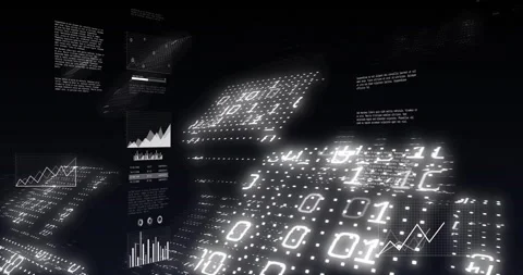 At start glowing dots appearing as binary grids expanding line graphs rising to Stock Footage 309681537