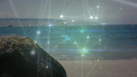 On start glowing nodes forming pulsing mesh drifting over sea rock showing Vídeo Stock 316352862