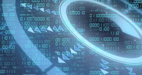 On start glowing ring rotating, glint sweeping, chevrons sliding, binary Stock Footage 328396381