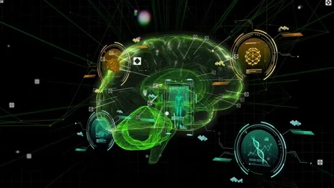 On start green 3D brain rotating toward frontal, emitting links and mapping Stock Footage 334337542