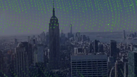 On start green binary digits cascading across skyline intensifying into waves Stock Footage 309894203