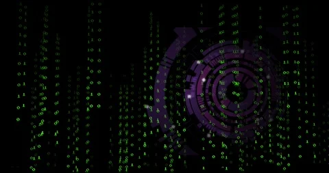 At start green binary digits falling, segmented purple UI emerging, rotating and Vídeos de archivo 317858532