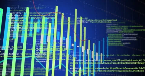 At start green blue bars rising 3D grid plane forming chart while code scrolling Stock Footage 312239804